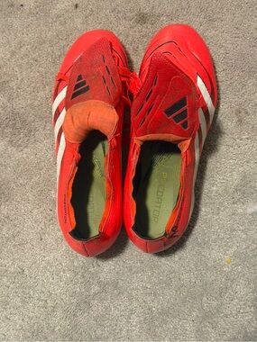 adidas Kids Red Soccer Sneakers with White Stripes signed by jonathan david